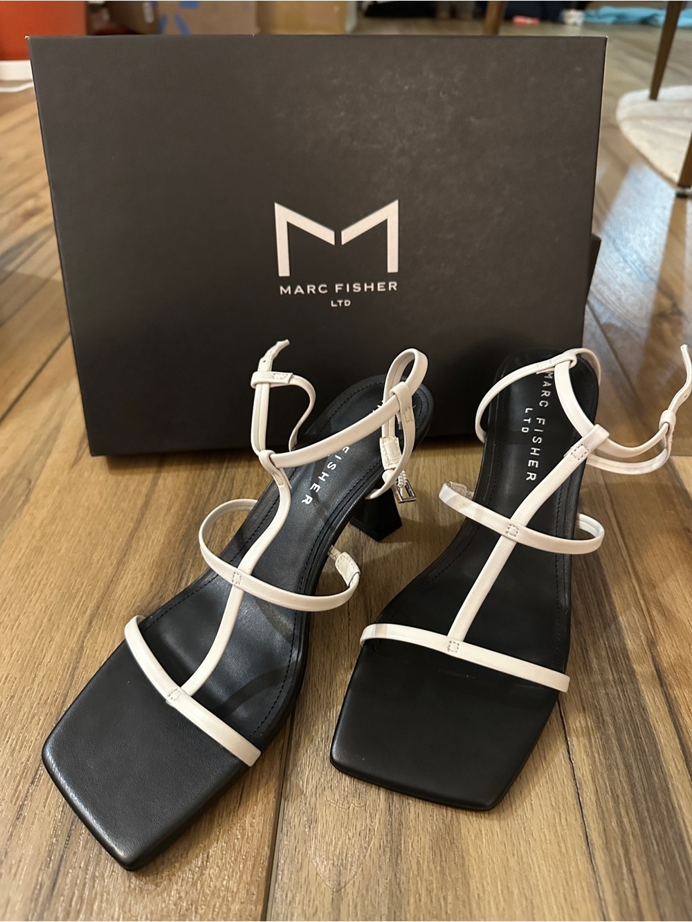 Marc Fisher Black Square-Toe Heels with White Straps